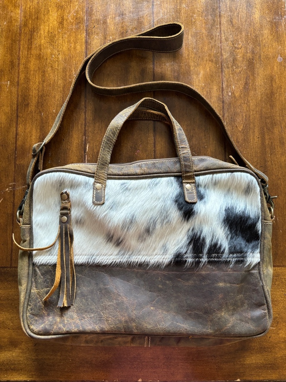 Myra Leather and Cowhide Messenger Laptop Bag - Brown/White
